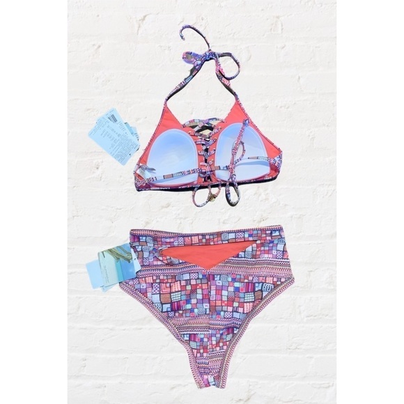 Nwt Sunseeker Australia Bikini Swim Halter Lace Up Top Cutout High Waist Bottoms - Picture 5 of 12